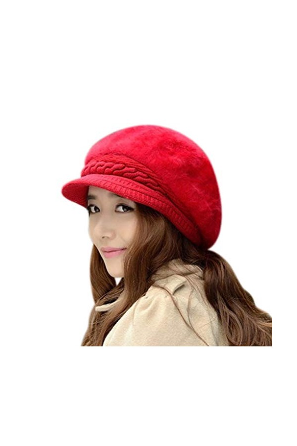 IBLUELOVER Casquette Plate Femme Bonnets Chaud en Laine Tricotée avec Fausse Fourrure Chapeau Visière Beanie Béret Hiver Auto