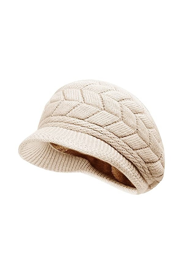 XYIYI Beige Femmes Hiver Béret Chapeaux Chaud Polaire Doublé Tricot Chapeau Laine Neige Ski Visière Cap