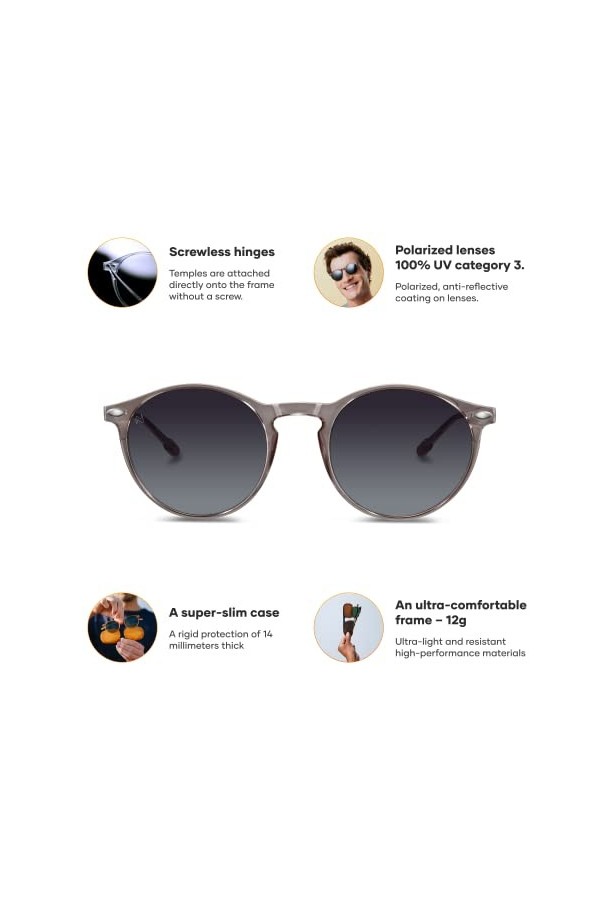 NOOZ Lunettes de soleil polarisées pour hommes et femmes - 100% de protection UV - couleur Dark Grey - avec étui compact - Co