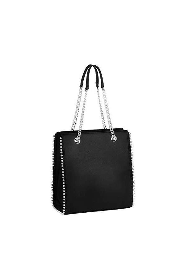CRAZYCHIC - Sac à Main Porté Epaule Chaînes Femme - Cabas Shopper Clous Billes Perles Métal Argenté - Fourre-Tout Rectangle S
