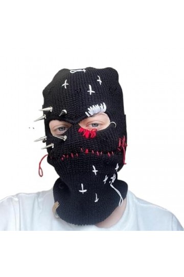 Cagoule en tricot pour Halloween - Avec rivets - Pour lhiver - Chaude - Rave - Mascarade - Décorations de Noël - Noir, noir,