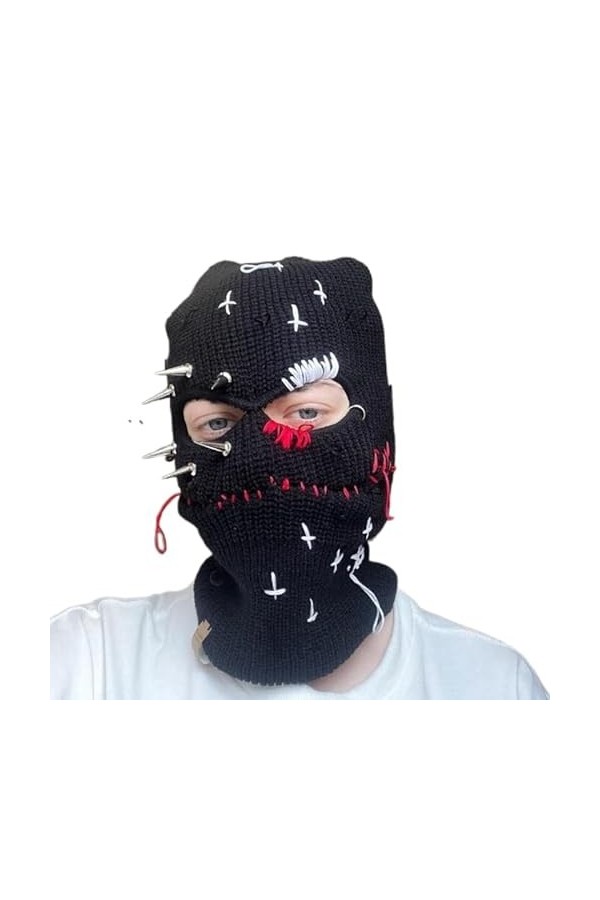 Cagoule en tricot pour Halloween - Avec rivets - Pour lhiver - Chaude - Rave - Mascarade - Décorations de Noël - Noir, noir,