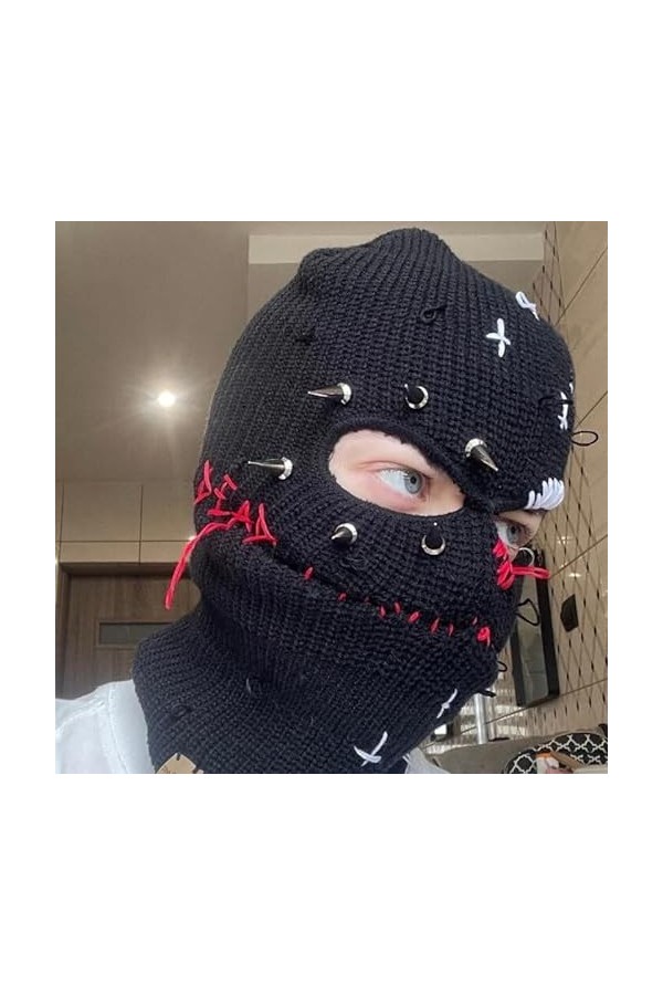 Cagoule en tricot pour Halloween - Avec rivets - Pour lhiver - Chaude - Rave - Mascarade - Décorations de Noël - Noir, noir,