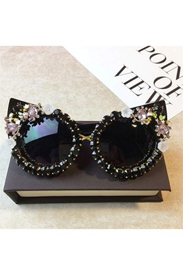 AUSUB Lunettes de soleil femme main Lunettes de soleil strass femmes ronde fleur vintage avec perle Lunettes de soleil mode L