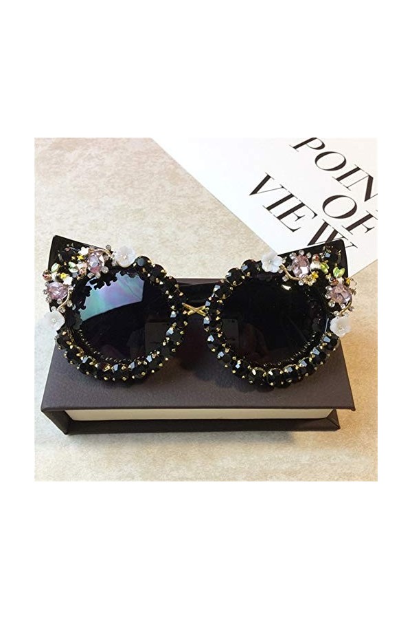 AUSUB Lunettes de soleil femme main Lunettes de soleil strass femmes ronde fleur vintage avec perle Lunettes de soleil mode L