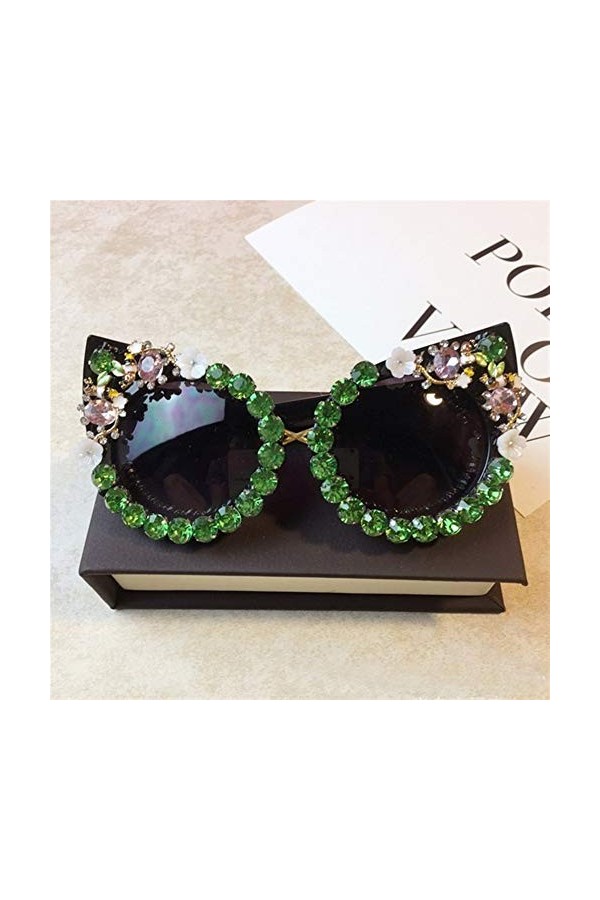 AUSUB Lunettes de soleil femme main Lunettes de soleil strass femmes ronde fleur vintage avec perle Lunettes de soleil mode L