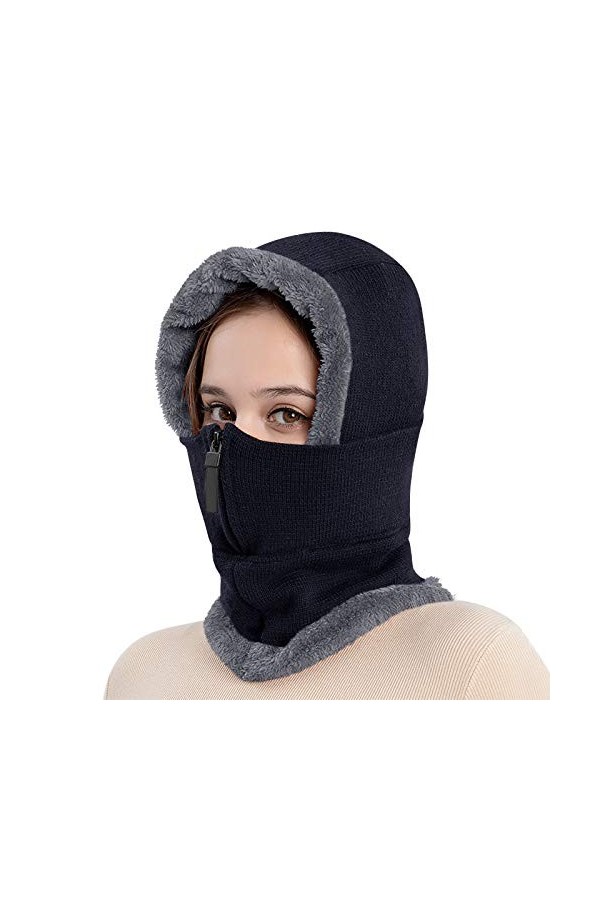 RUIXIA Cagoule Tricoté Doublure en Fausse Fourrure Balaclava Femme Homme Cagoule Moto Hiver Bonnet Cache Cou Cache Oreille Ca