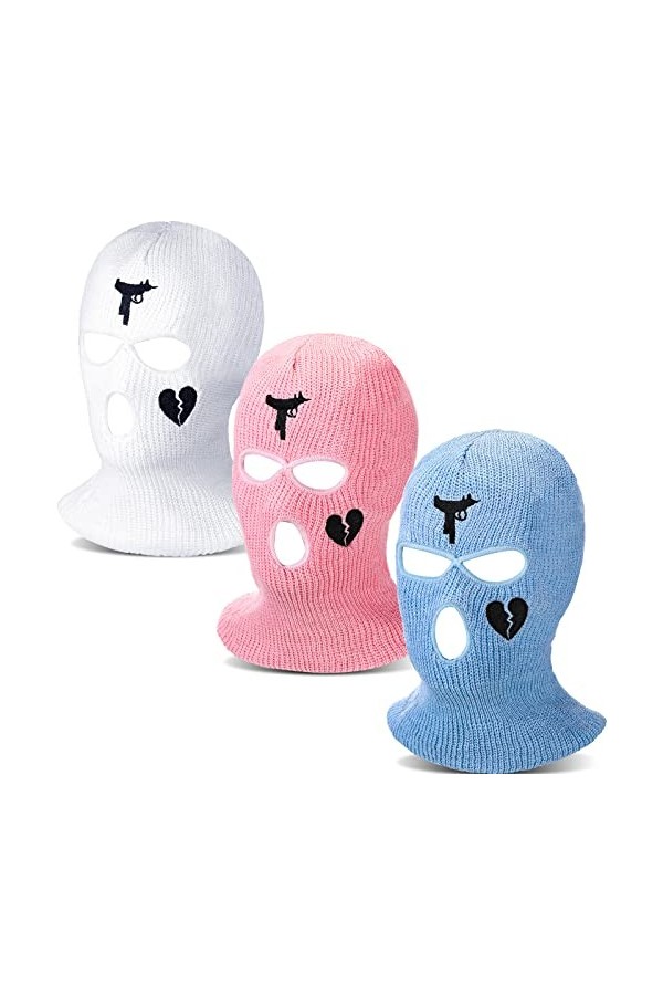 BBTO Cagoule à 3 Trous Couvre-Visage Intégral Tricoté Blanc, Rose, Bleu , Taille unique