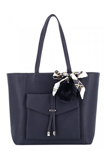 flora & co - Sac à Main Femme Grainé Multipoches Pompon Fourrure Foulard Imprimé - Sac Cabas Fourre-Tout Format A4 Cours Trav