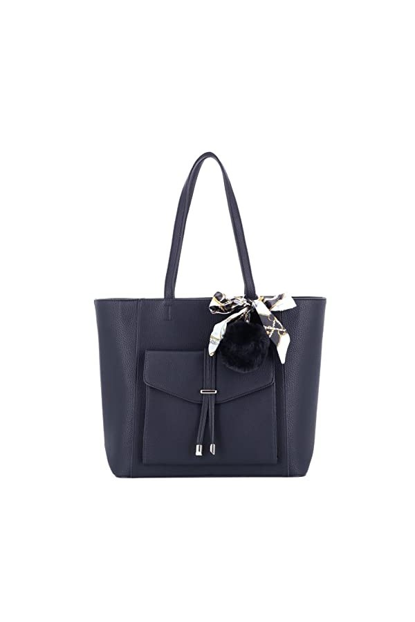 flora & co - Sac à Main Femme Grainé Multipoches Pompon Fourrure Foulard Imprimé - Sac Cabas Fourre-Tout Format A4 Cours Trav