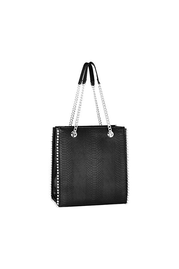 CRAZYCHIC - Sac à Main Porté Epaule Chaînes Femme - Cabas Shopper Clous Billes Perles Métal Argenté - Fourre-Tout Rectangle S