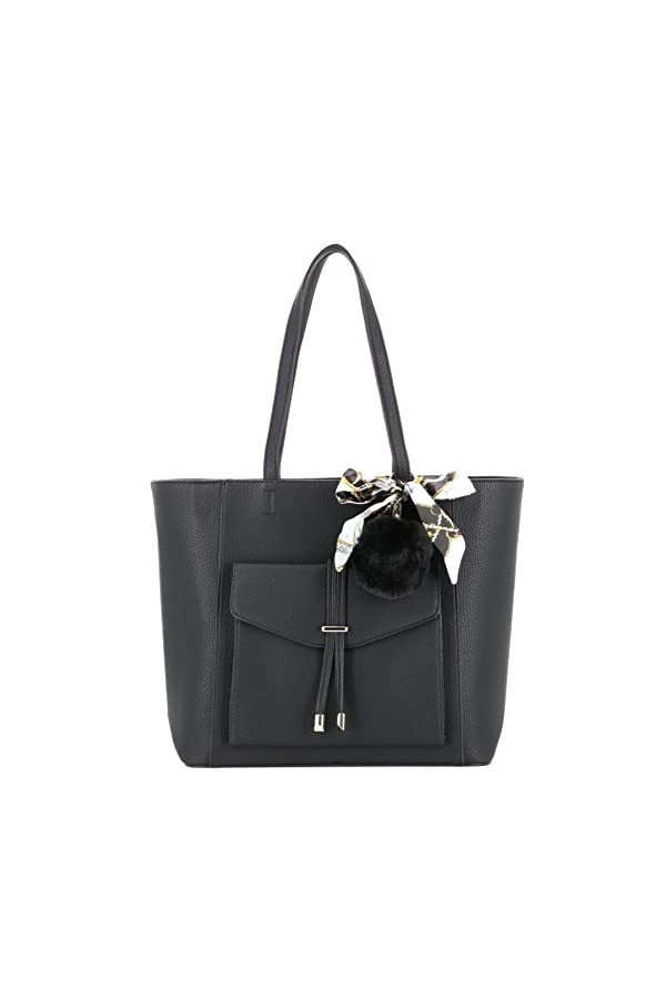 flora & co - Sac à Main Femme Grainé Multipoches Pompon Fourrure Foulard Imprimé - Sac Cabas Fourre-Tout Format A4 Cours Trav