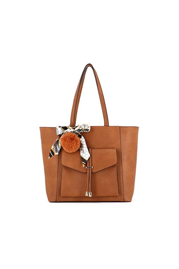 flora & co - Sac à Main Femme Grainé Multipoches Pompon Fourrure Foulard Imprimé - Sac Cabas Fourre-Tout Format A4 Cours Trav