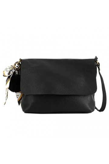 FLORA CO PARIS Sac Bandoulière Similicuir Souple Léger - Sacoche Ville Avec Pompom Bande Foulard Amovible - Sac Messenger Rec