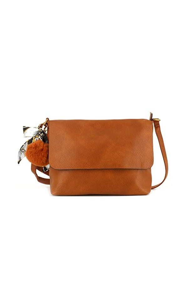 FLORA CO PARIS Sac Bandoulière Similicuir Souple Léger - Sacoche Ville Avec Pompom Bande Foulard Amovible - Sac Messenger Rec