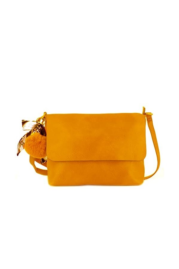 FLORA CO PARIS Sac Bandoulière Similicuir Souple Léger - Sacoche Ville Avec Pompom Bande Foulard Amovible - Sac Messenger Rec