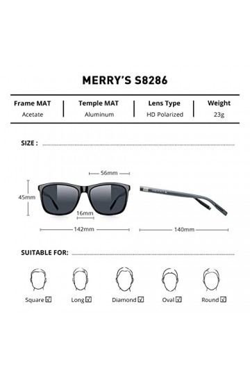 MERRYS S8286 Lunettes de soleil polarisées unisexes en aluminium pour homme/femme, 0c01 Cadre noir/verres noirs/branches gri