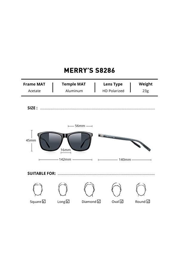 MERRYS S8286 Lunettes de soleil polarisées unisexes en aluminium pour homme/femme, 0c01 Cadre noir/verres noirs/branches gri