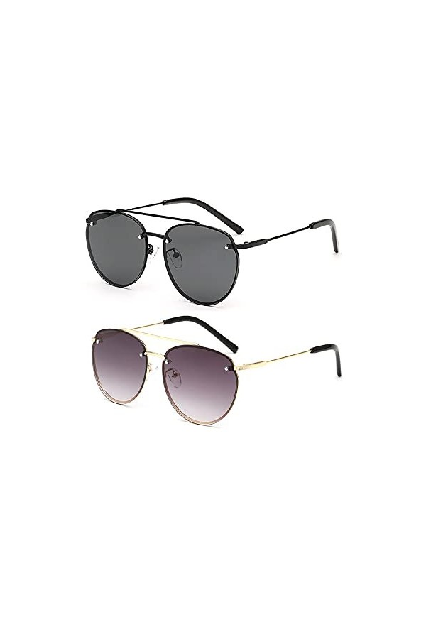 Lot de 2 paires de lunettes de soleil à grande monture en métal pour femme - Protection UV400 - Noir + gris