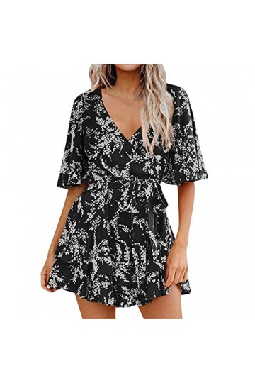 Eté Col V Plage Femmes Combinaison Short Taille Elastique Combinaison De Robe Plissée À Volants avec Et Manches Cloche pour F