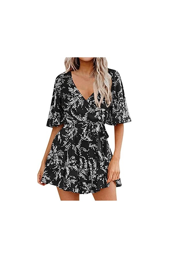 Eté Col V Plage Femmes Combinaison Short Taille Elastique Combinaison De Robe Plissée À Volants avec Et Manches Cloche pour F