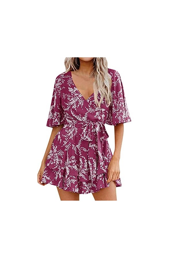 Eté Col V Plage Femmes Combinaison Short Taille Elastique Combinaison De Robe Plissée À Volants avec Et Manches Cloche pour F