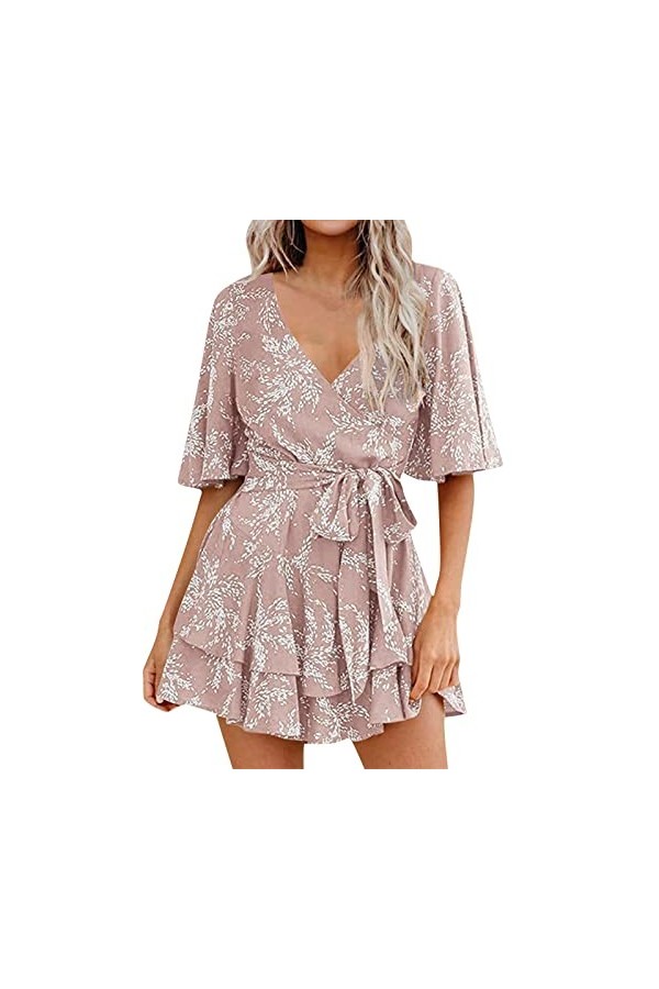 Eté Col V Plage Femmes Combinaison Short Taille Elastique Combinaison De Robe Plissée À Volants avec Et Manches Cloche pour F