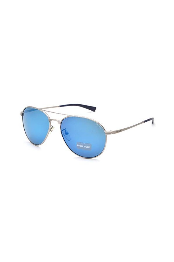 Police Mirrored Aviator Lunettes de soleil unisexe S8953M57581BSG|57|fumé avec verres miroir bleu , Argent mat, M