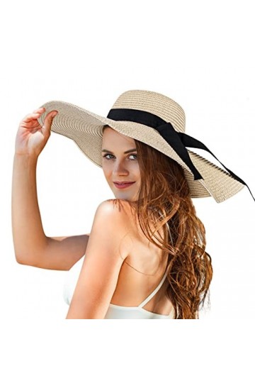 Chalier Femmes Chapeaux Dété Chapeau de Soleil à Bord Large Souple avec Chapeau de Paille de Protection UV UPF 50+, Blanc, T
