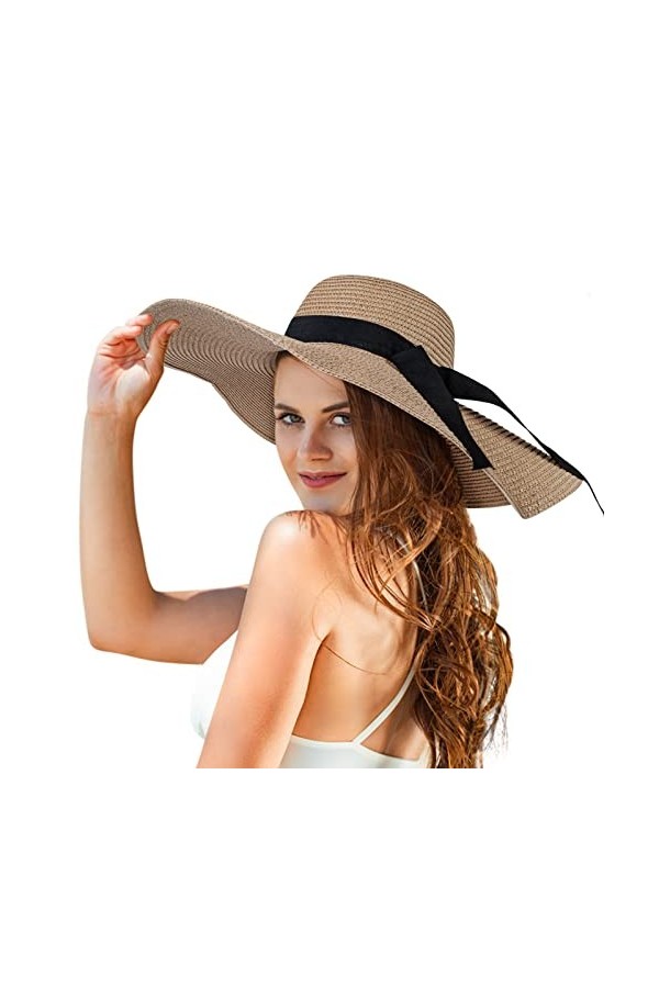Chalier Femmes Chapeaux Dété Chapeau de Soleil à Bord Large Souple avec Chapeau de Paille de Protection UV UPF 50+, Blanc, T