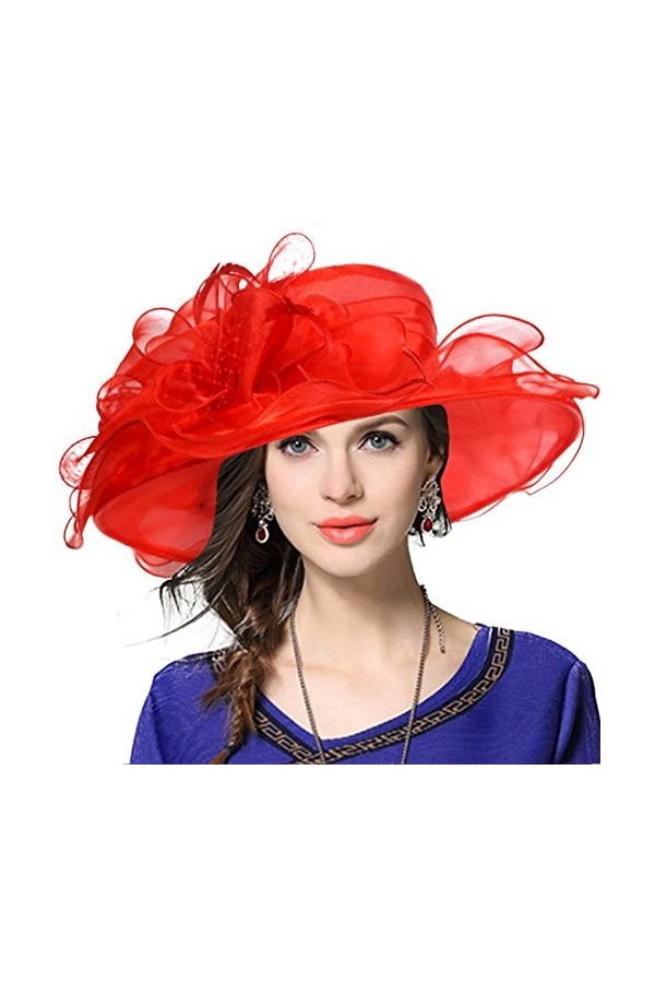 VECRY Femme Église Derby Robe Fascinator Mariée Baptême Fête Chapeau de Mariage Rouge 