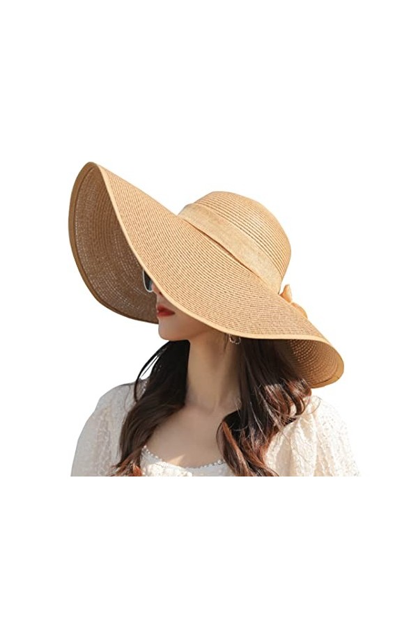 Bamboopack Chapeau de paille à large bord pour femme - Pliable - Avec nœud - UPF 50+ - Kaki
