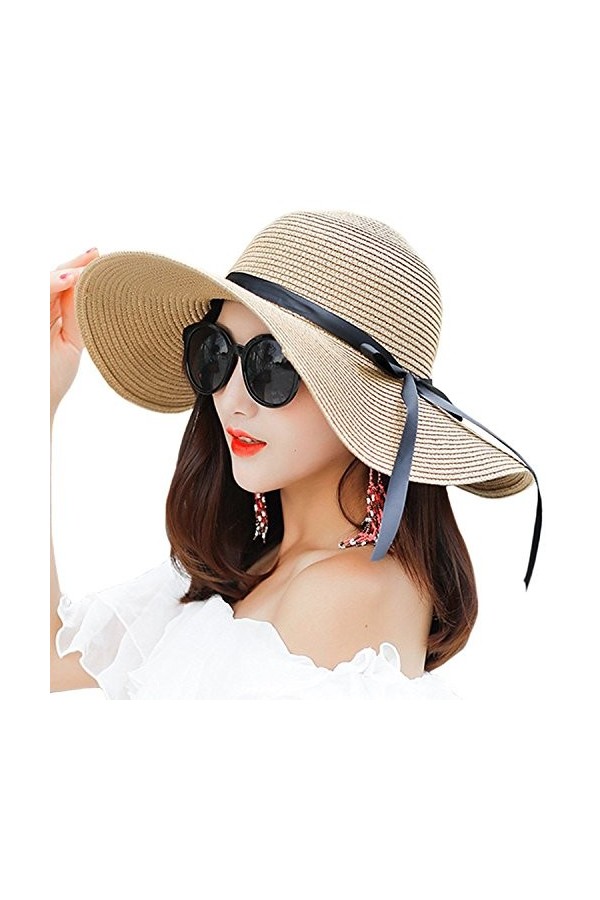 FSSTUD Femme Soleil Chapeau Été en Paille Chapeau de Plage Pliable Anti UV Large Bord Blanc