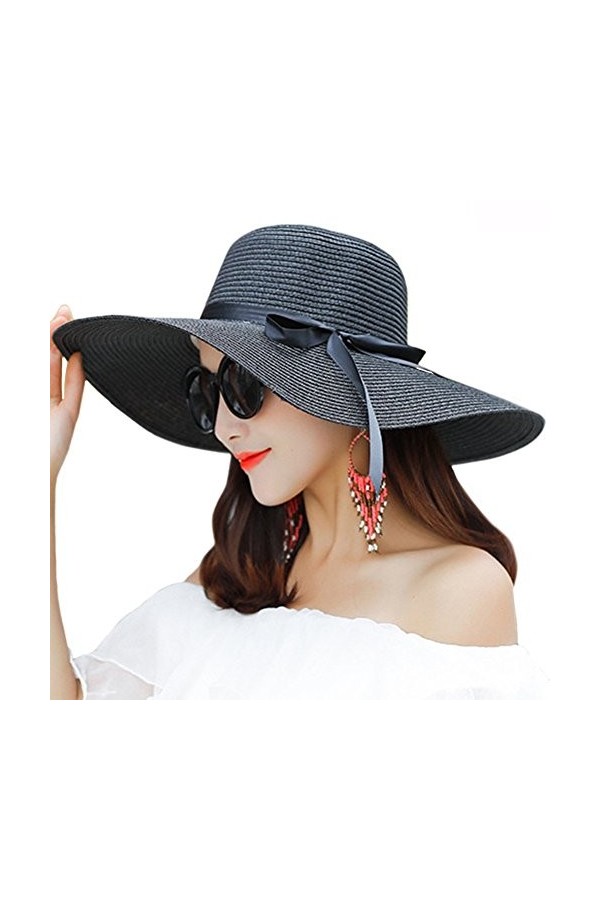 FSSTUD Femme Soleil Chapeau Été en Paille Chapeau de Plage Pliable Anti UV Large Bord Blanc