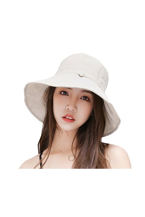Petite Fortune Femme Chapeau de Soleil Coton Large Bord Visière Capeline Pliable Anti-UV UPF 50+ Sunhat Respirant Orné Bowkno