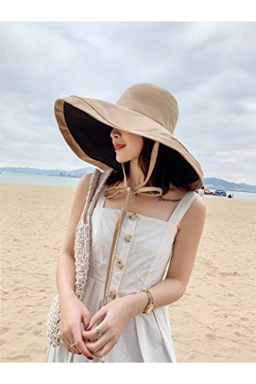 Capeline Femme Large Bord Chapeau de Soleil Réversible Coton Respirant Casquette Visière UPF50+ Anti-UV Protection Solaire Bo