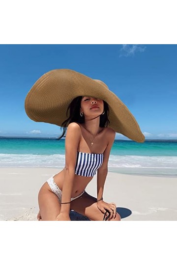QH-Shop Chapeau Paille Femme Été Chapeau de Soleil Large Bord Léger Respirable Chapeau de Plage Pliable Protection UV pour Vo