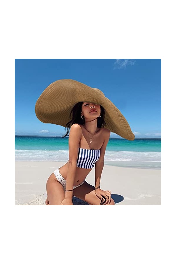 QH-Shop Chapeau Paille Femme Été Chapeau de Soleil Large Bord Léger Respirable Chapeau de Plage Pliable Protection UV pour Vo
