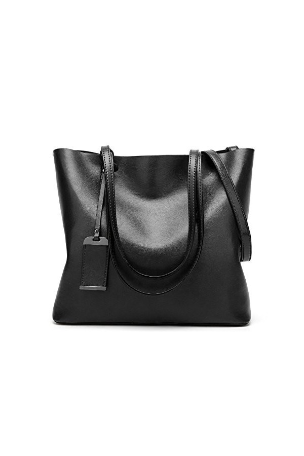 Coolives Tote Sac Cabas en Cuir PU pour Femme Verticale Sacs à Main portés épaule avec Bandoulière Damas Noir