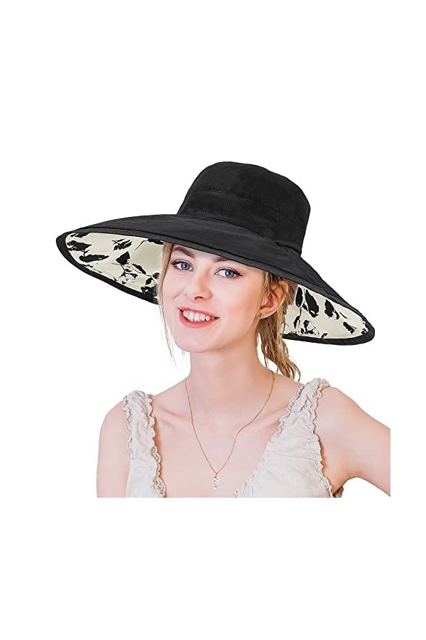 TAGVO Chapeau de Soleil à Large Bord Extérieur, Femmes Pliable Chapeau De Soleil Large Bord Seau Chapeaux Pêche en Plein Air 