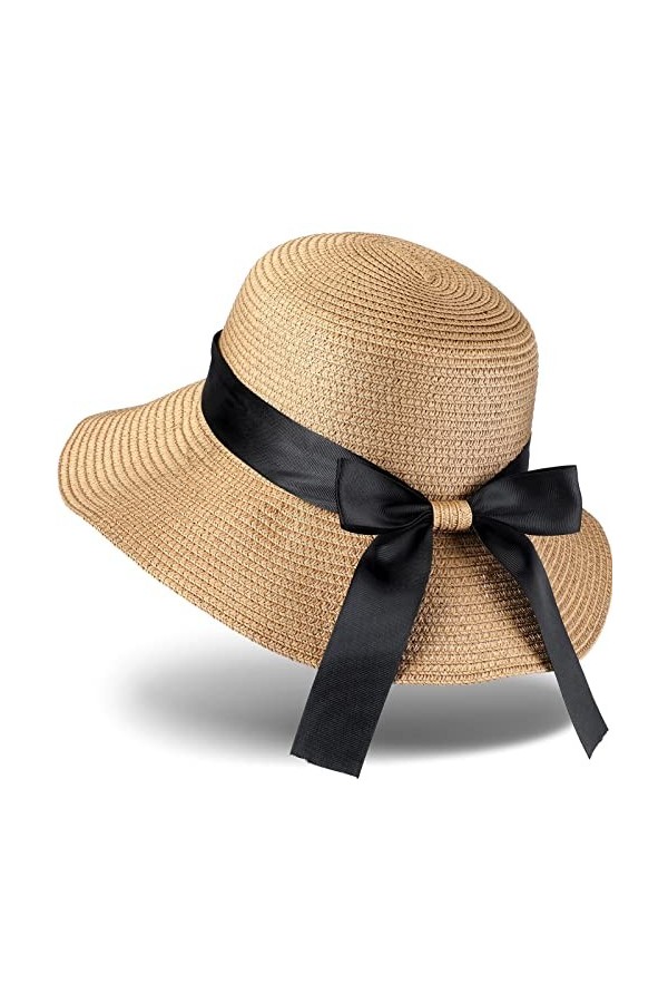 Geyoga Capeline en Paille Pliable Large Bord avec Nud Papillon UPF 50 pour Été Plage