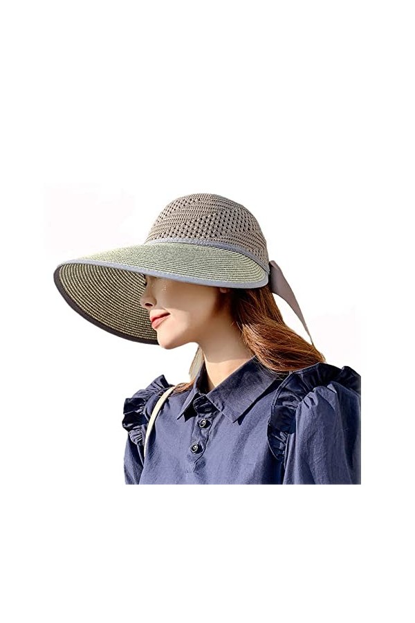 Femme Casquette Visière Été Capeline Respirant Chapeau de Paille Large Bord Protection Solaire Chapeau de Soleil Plage Réglab