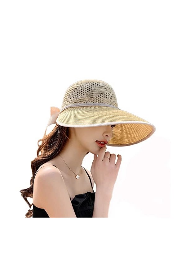 Femme Casquette Visière Été Capeline Respirant Chapeau de Paille Large Bord Protection Solaire Chapeau de Soleil Plage Réglab