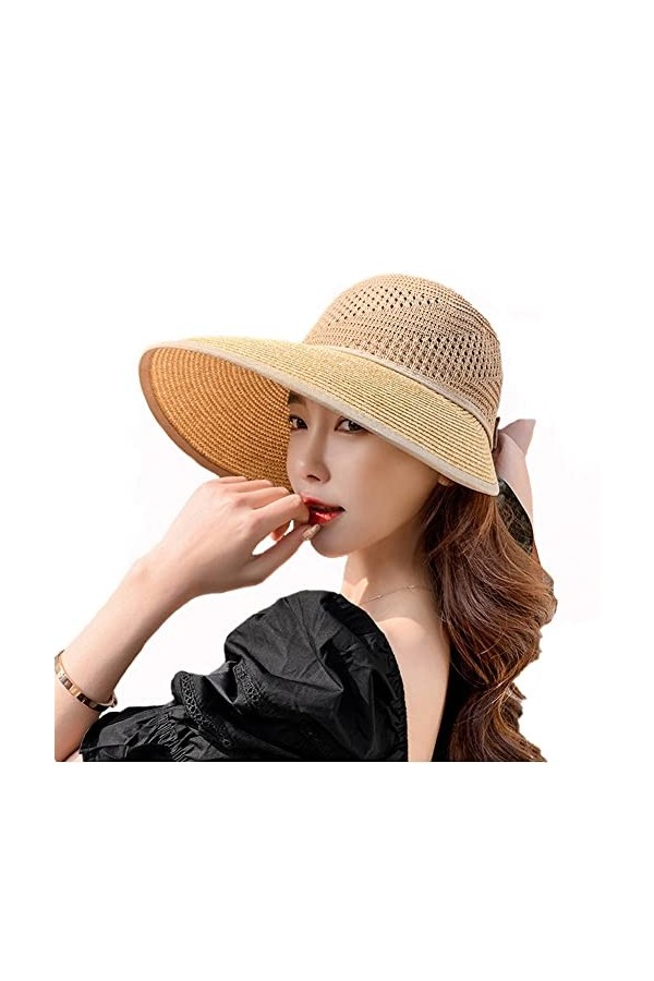Femme Casquette Visière Été Capeline Respirant Chapeau de Paille Large Bord Protection Solaire Chapeau de Soleil Plage Réglab