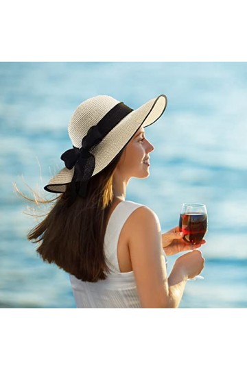 HOLEMZ Chapeau de Paille Femme Chapeau de Plage Pliable Bonnet Été Large Bord Réglable Grande Protection UV pour Filles Dames