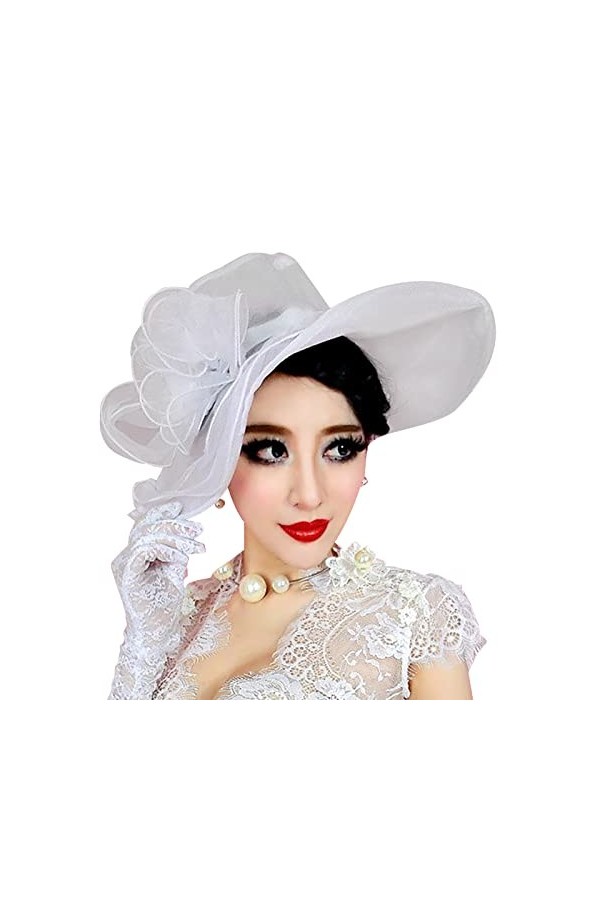 OhMill Femme Chapeau de Soleil à Large Bord Chapeau de Mariage en Gaze Rétro avec Décoration de Fleur Eglise Plage Voyage