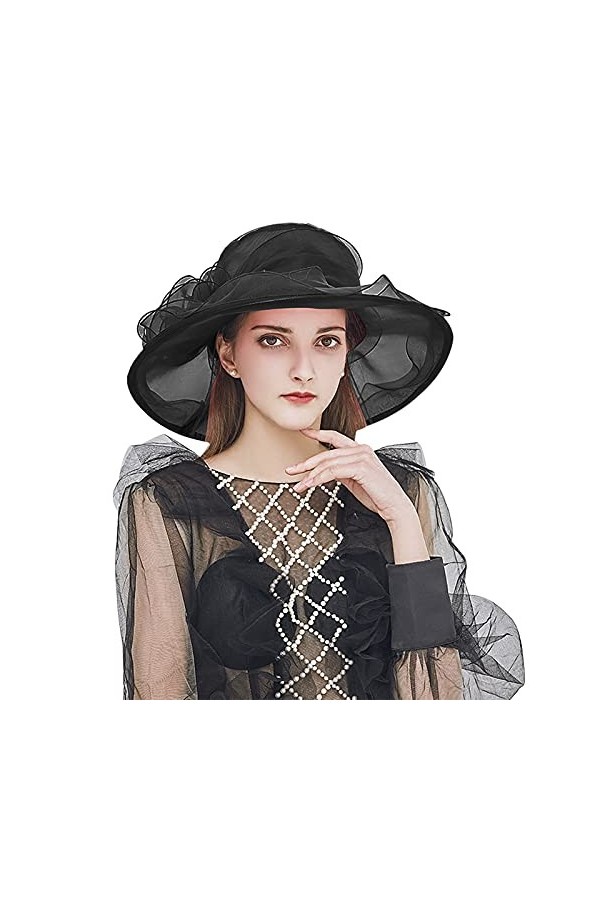 OhMill Femme Chapeau de Soleil à Large Bord Chapeau de Mariage en Gaze Rétro avec Décoration de Fleur Eglise Plage Voyage