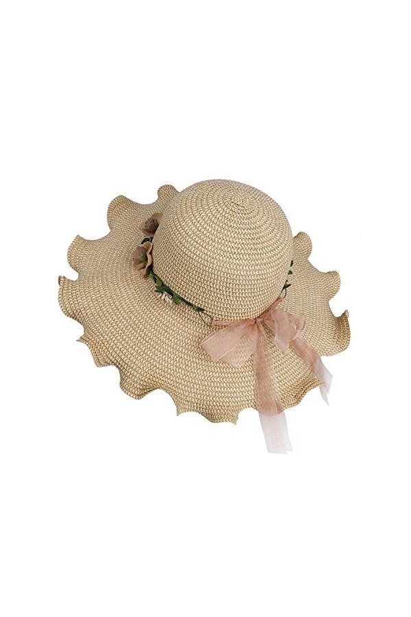 MaoXinTek Chapeau de Paille Femme Large Bord Cap de Soleil UV Protection Dété Pliable Plage avec Décoration Florale pour Loi