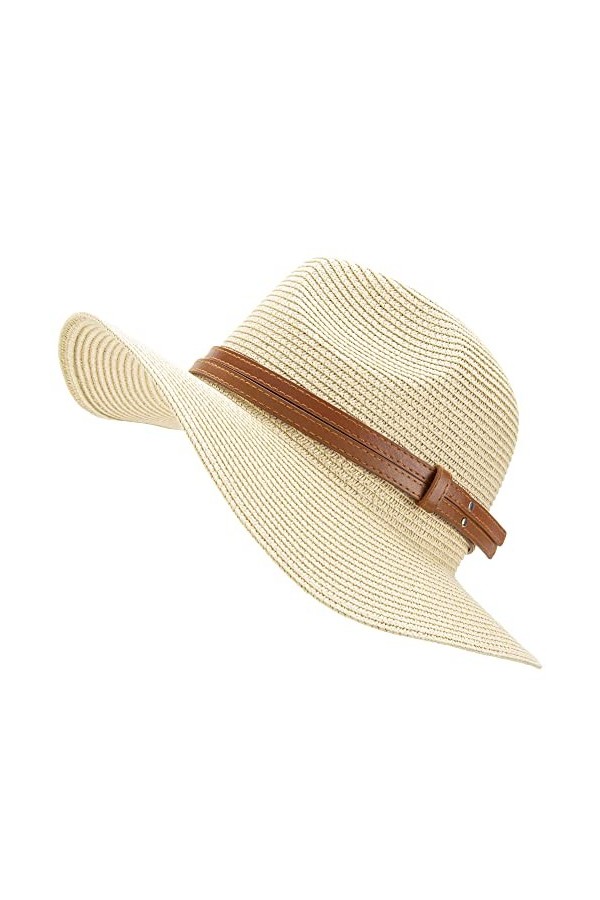 QH-Shop Chapeau de Paille Femme Pliable Chapeau de Soleil à Bord Large Protection UV Hat avec Bracelet en PU Cuir pour Voyage