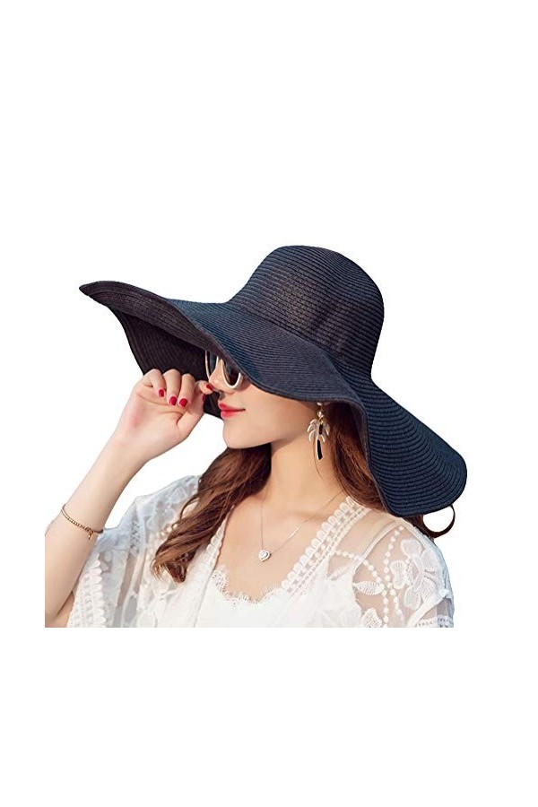 Chapeau de plage à rayures pour femme - Chapeau de paille pliable à large bord - Chapeau dété à rayures noires et blanches